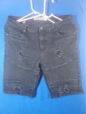 Blu Rock Mens Distressed Moto Denim Shorts Black Biker Jean Jorts Size 36